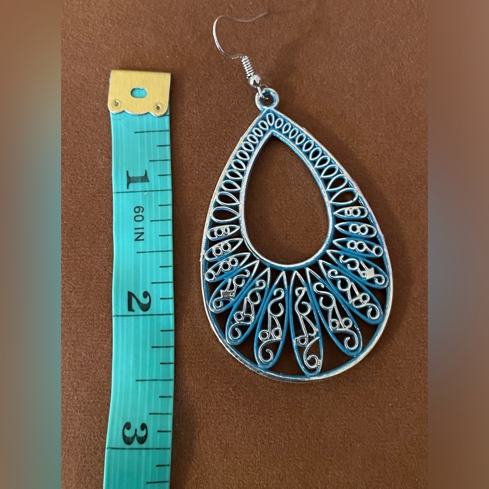 Paparazzi Blue and Silver Boho style earring - 2.5” long teardrop shape - Picture 2 of 3